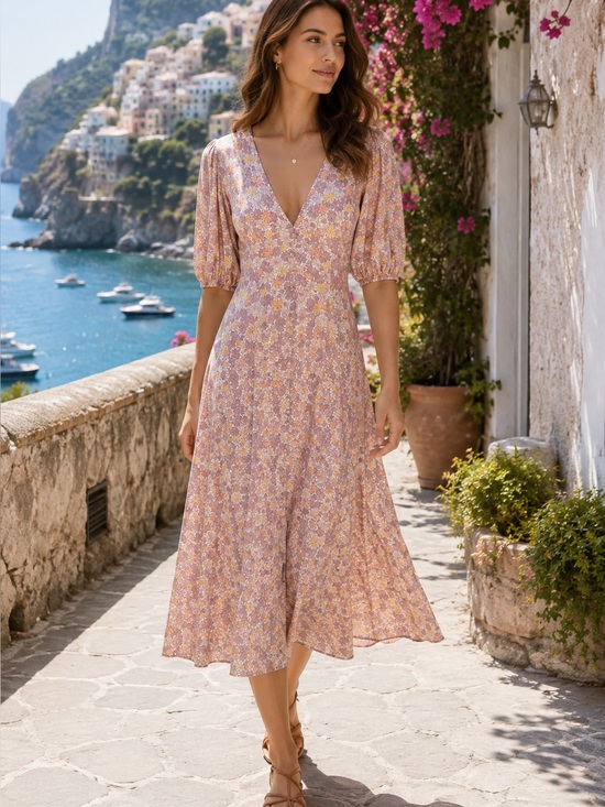 Faithfull the Brand Dresses & Skirts - FAITHFULL THE BRAND Floral Print Mid-Calf Cottagecore Puff Sleeve Dress, 6